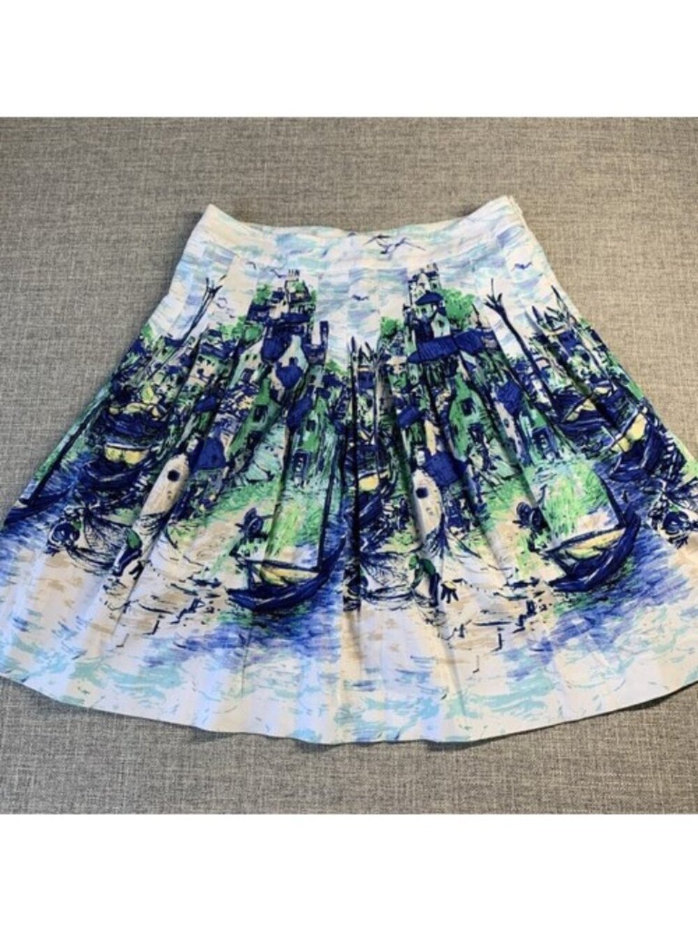 Talbots Petite Skirt Women's Size 6P Venice Gondola Italy Print Pleated Cotton